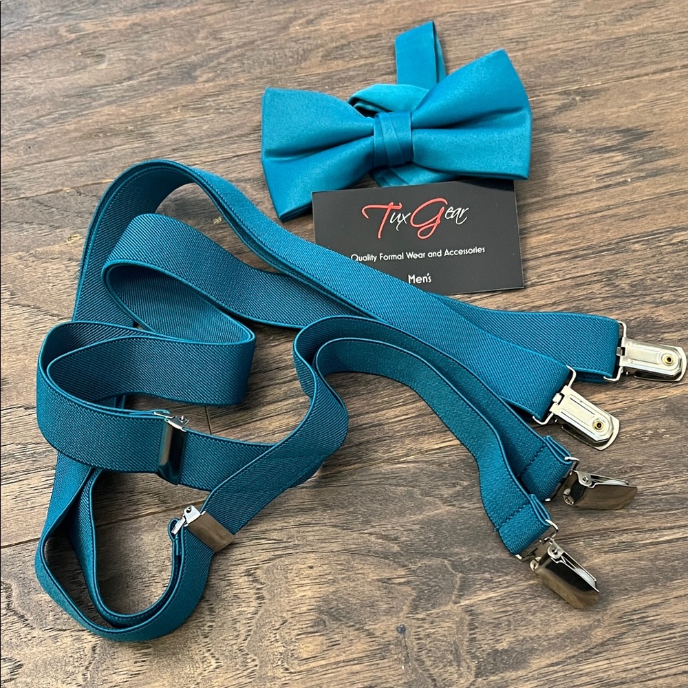 Teal Bow Tie Suspenders Set - Never Worn
